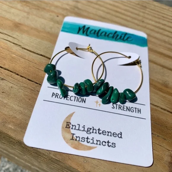 Malachite Gemstone Hoop Earrings - Picture 2 of 7